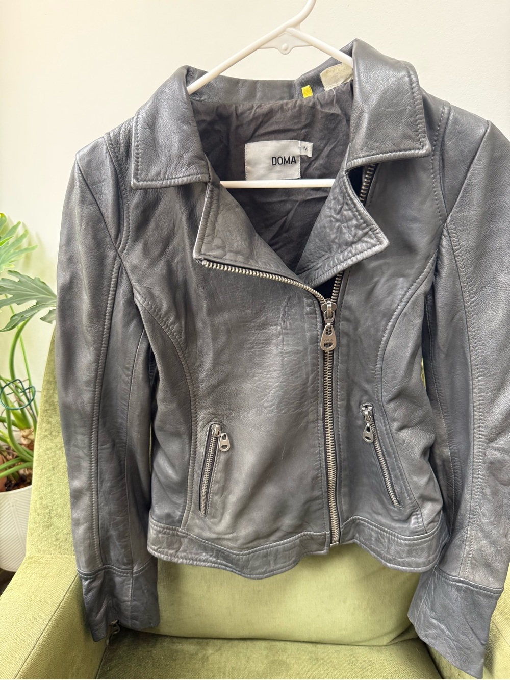 Doma Gray Leather Asymmetrical Zip Jacket